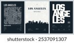 Set of travel posters with Los Angeles, detailed urban street plan city map, Silhouette city skyline, vector artwork, set 2