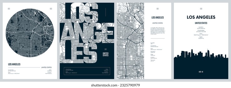 Afiches de viaje con Los Ángeles, mapa detallado de la ciudad del plan urbano, horizonte de la ciudad de Silhouette, arte vectorial