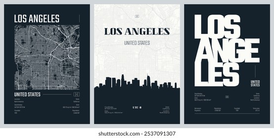 Conjunto de carteles de viaje con Los Ángeles, mapa urbano detallado de la ciudad de Plan de la calle, horizonte de la ciudad de la silueta, obras de arte del Vector, conjunto 2