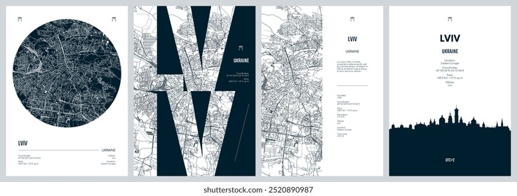 Set of travel posters with Lviv, detailed urban street plan city map, Silhouette city skyline, vector artwork