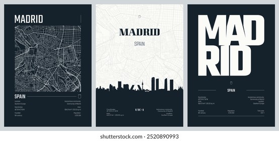 Conjunto de cartazes de viagem com Madrid, detalhado mapa urbano da cidade, silhueta horizonte da cidade, arte vetorial, conjunto 2