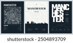 Set of travel posters with Manchester, detailed urban street plan city map, Silhouette city skyline, vector artwork, set 2