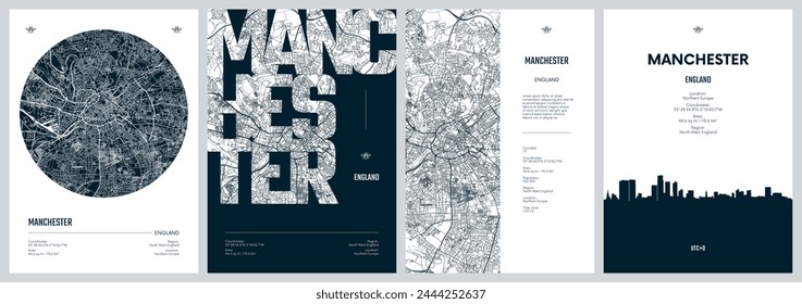 Set of travel posters with Manchester, detailed urban street plan city map, Silhouette city skyline, vector artwork