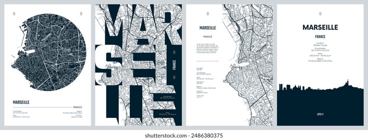 Set of travel posters with Marseille, detailed urban street plan city map, Silhouette city skyline, vector artwork