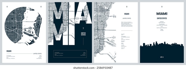 Set of travel posters with Miami, detailed urban street plan city map, Silhouette city skyline, vector artwork