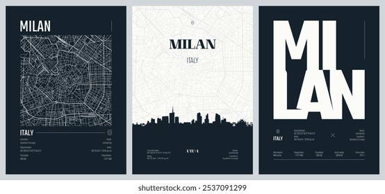 Set of travel posters with Milan, detailed urban street plan city map, Silhouette city skyline, vector artwork, set 2