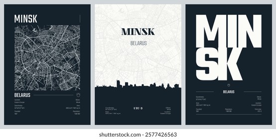 Set of travel posters with Minsk, detailed urban street plan city map, Silhouette city skyline, vector artwork, set 2