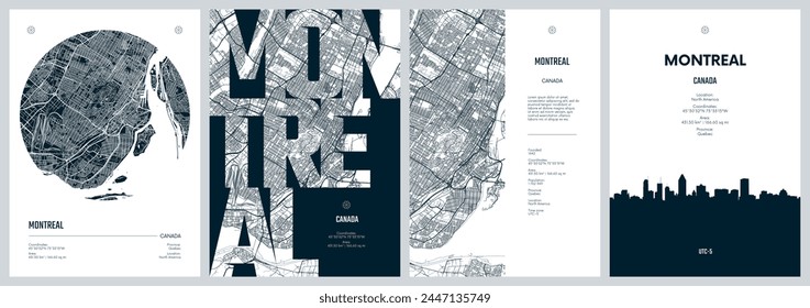 Conjunto de carteles de viaje con Montreal, mapa de la ciudad de Plan urbano detallado, silueta de la ciudad, ilustraciones de Vector