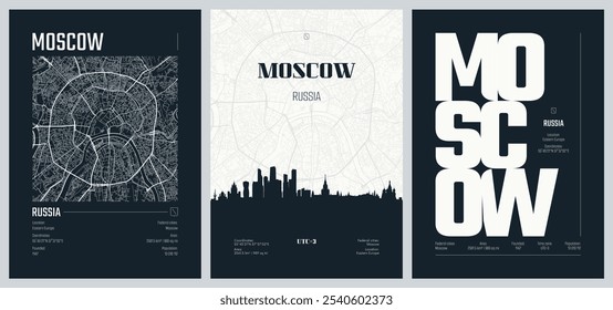 Set Reiseplakate mit Moskau, Stadtplan Stadtplan, Silhouette Skyline, Vektorgrafik, Set 2