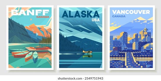 Set of travel posters. Nature of Alaska, USA. Boats at the dock on Lake Louise, Banff National Park, Canada. View of downtown Vancouver. Modern buildings, skyscrapers and a bridge over the river.