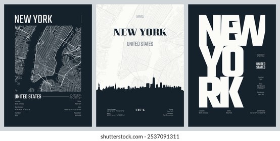 Conjunto de carteles de viaje con la Nueva ciudad de York, mapa urbano detallado de la ciudad de Plan de la calle, horizonte de la ciudad de la silueta, obras de arte del Vector, conjunto 2