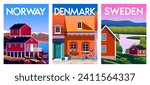 Set of travel posters. Norway, Denmark and Sweden. Handmade drawing vector illustration. 