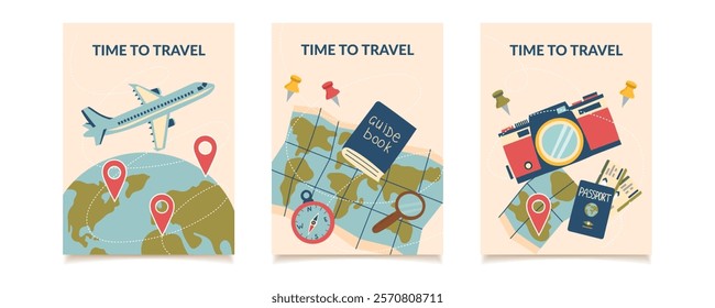 Set of travel posters with travel objects. Concept of travel, summer, vacation, business trip. Vector hand drawn cards in flat style.