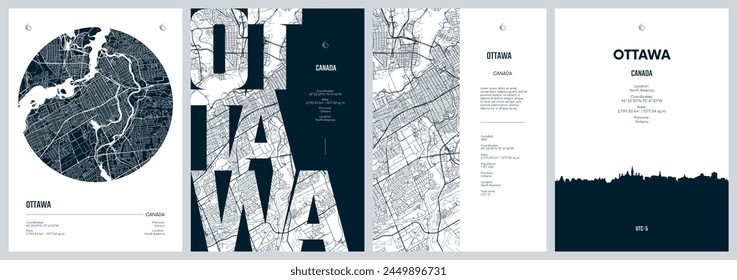 Set of travel posters with Ottawa, detailed urban street plan city map, Silhouette city skyline, vector artwork