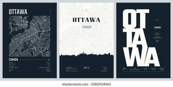 Set of travel posters with Ottawa, detailed urban street plan city map, Silhouette city skyline, vector artwork, set 2