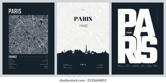 Set of travel posters with Paris, detailed urban street plan city map, Silhouette city skyline, vector artwork, set 2