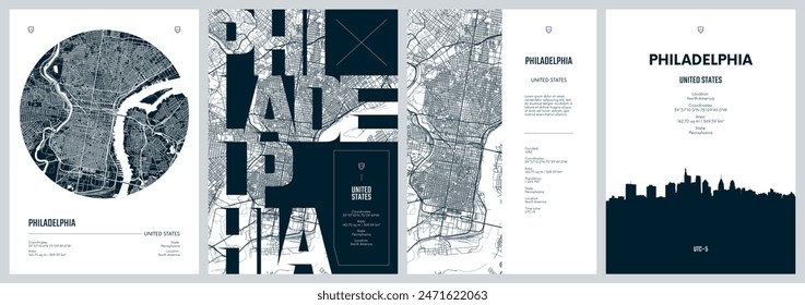 Set von Reiseplakaten mit Philadelphia, detaillierter Stadtplan des städtischen Pakets, Silhouette-Stadt-Skyline, Vektorgrafik-Kunstwerke