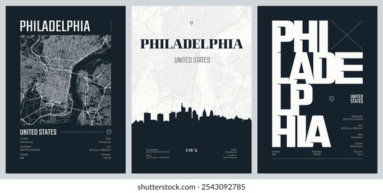 Set von Reiseplakaten mit Philadelphia, detaillierter Stadtplan Stadtplan Stadtplan, Silhouette Stadtskyline, Vektorgrafik, Set 2