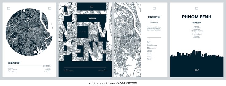 Set of travel posters with Phnom Penh, detailed urban street plan city map, Silhouette city skyline, vector artwork