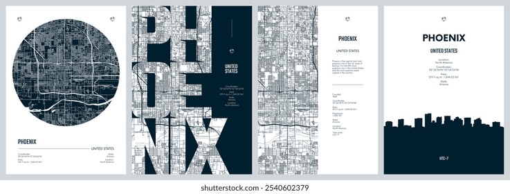 Conjunto de carteles de viaje con Phoenix, mapa urbano detallado de la ciudad de Plan de la calle, horizonte de la ciudad de la silueta, obras de arte del Vector