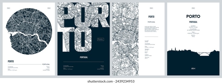 Set of travel posters with Porto, detailed urban street plan city map, Silhouette city skyline, vector artwork