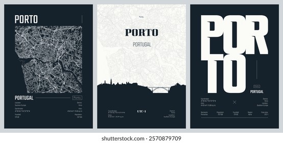 Set of travel posters with Porto, detailed urban street plan city map, Silhouette city skyline, vector artwork, set 2