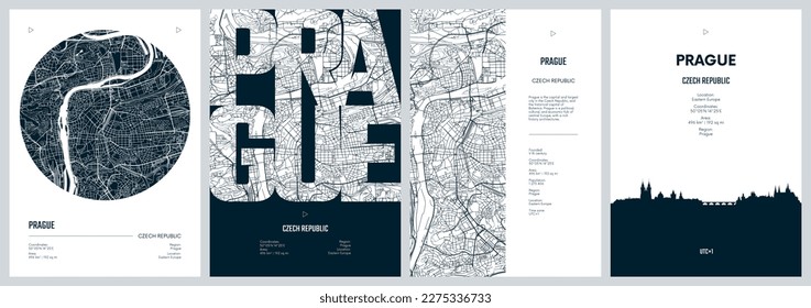 Afiches de viaje con Praga, mapa detallado de la ciudad del plan urbano, horizonte de la ciudad de Silhouette, arte vectorial