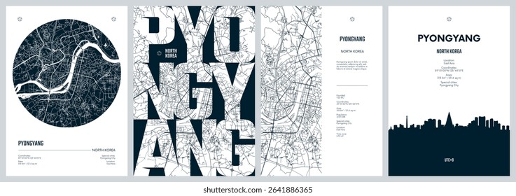 Set of travel posters with Pyongyang, detailed urban street plan city map, Silhouette city skyline, vector artwork
