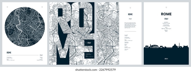 Set of travel posters with Rome, detailed urban street plan city map, Silhouette city skyline, vector artwork