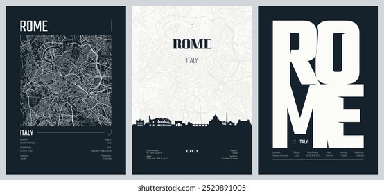 Set of travel posters with Rome, detailed urban street plan city map, Silhouette city skyline, vector artwork, set 2