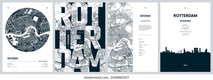 Set of travel posters with Rotterdam, detailed urban street plan city map, Silhouette city skyline, vector artwork