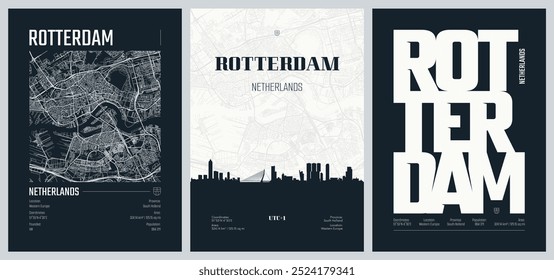 Set of travel posters with Rotterdam, detailed urban street plan city map, Silhouette city skyline, vector artwork, set 2