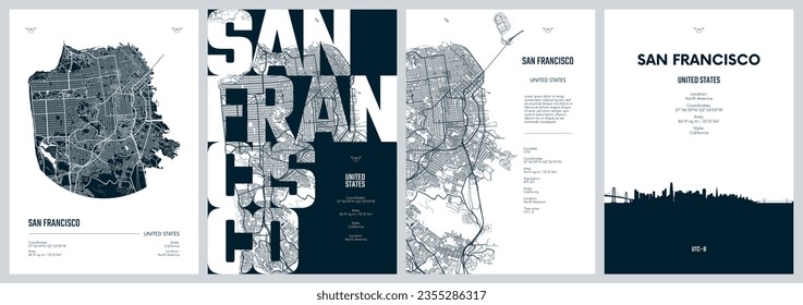 Set of travel posters with San Francisco, detailed urban street plan city map, Silhouette city skyline, vector artwork