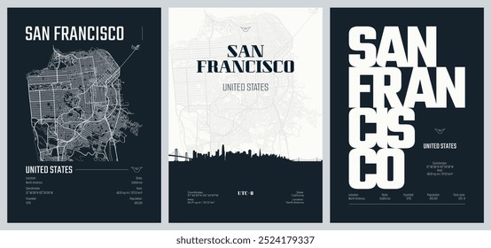 Set of travel posters with San Francisco, detailed urban street plan city map, Silhouette city skyline, vector artwork, set 2