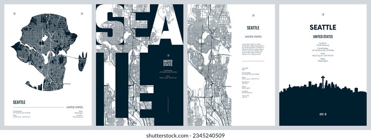 Set von Reiseplakaten mit Seattle, detaillierter Stadtplan Stadtplan, Silhouette City Skyline, Vektorgrafik