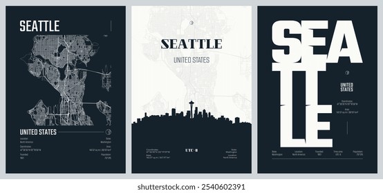 Set of travel posters with Seattle, detailed urban street plan city map, Silhouette city skyline, vector artwork, set 2