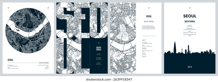 Set of travel posters with Seoul, detailed urban street plan city map, Silhouette city skyline, vector artwork