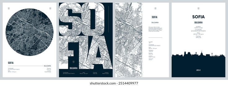 Set of travel posters with Sofia, detailed urban street plan city map, Silhouette city skyline, vector artwork