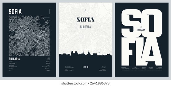Set of travel posters with Sofia, detailed urban street plan city map, Silhouette city skyline, vector artwork, set 2