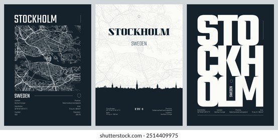 Conjunto de cartazes de viagem com Estocolmo, mapa detalhado urbano da cidade, silhueta da cidade skyline, arte vetorial, conjunto 2