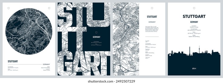 Set of travel posters with Stuttgart, detailed urban street plan city map, Silhouette city skyline, vector artwork