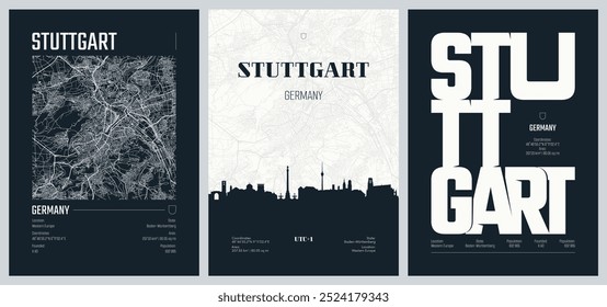 Set of travel posters with Stuttgart, detailed urban street plan city map, Silhouette city skyline, vector artwork, set 2