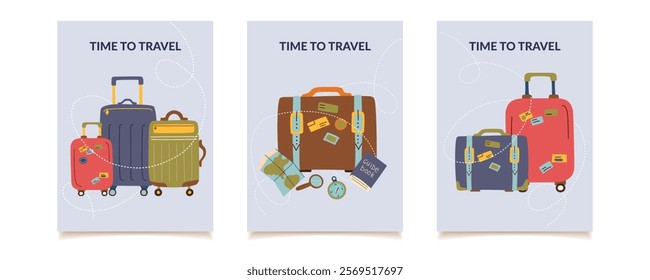 Set of travel posters with suitcases. Concept of travel, summer, vacation, business trip. Vector hand drawn cards in flat style.