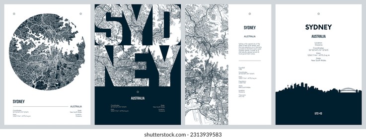 Afiches de viaje con Sidney, mapa detallado de la ciudad del plan urbano, horizonte de la ciudad de Silhouette, arte vectorial