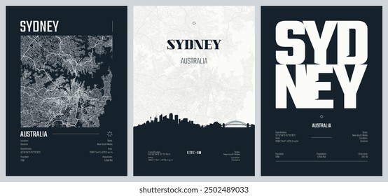 Set of travel posters with Sydney, detailed urban street plan city map, Silhouette city skyline, vector artwork, set 2