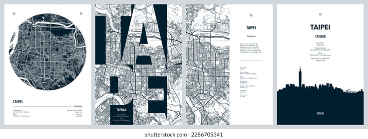 Afiches de viaje con Taipei, mapa detallado de la ciudad del plan urbano, horizonte de la ciudad de Silhouette, arte vectorial