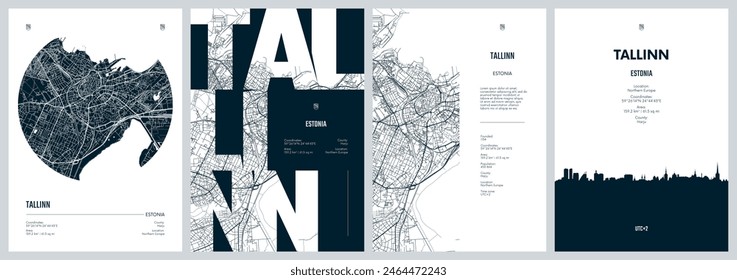 Set von Reiseplakaten mit Tallinn, detaillierter Stadtplan des städtischen Pakets, Silhouette-Stadt-Skyline, Vektorgrafik-Kunstwerke