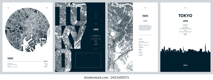 Set of travel posters with Tokyo, detailed urban street plan city map, Silhouette city skyline, vector artwork