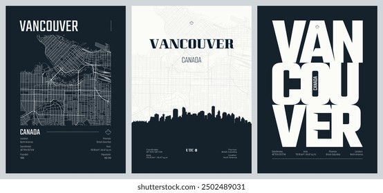 Conjunto de carteles de viaje con Vancouver, mapa urbano detallado de la ciudad de Plan de la calle, horizonte de la ciudad de la silueta, obras de arte del Vector, conjunto 2