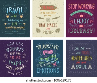 Set of travel posters. Vector hand drawn illustrations for t-shirt print or posters with hand-lettering quotes. Motivation phrases. Color banners for tourism.